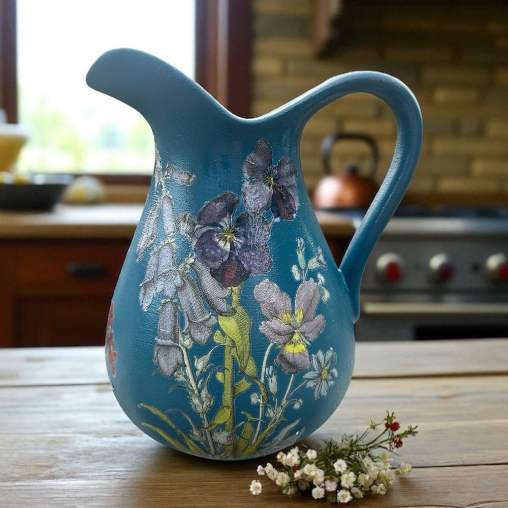 Floral Blue Pitcher Vase